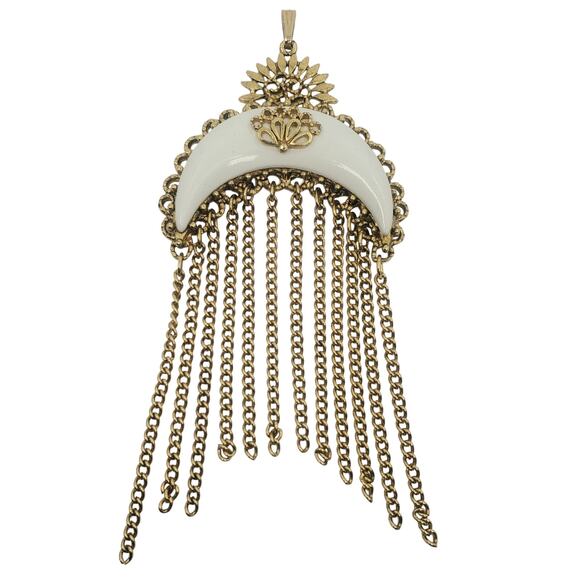 Vintage Ornate Sun and White Enamel Crescent Moon W/Chain Tassels Pendant – Rare - Picture 1 of 7